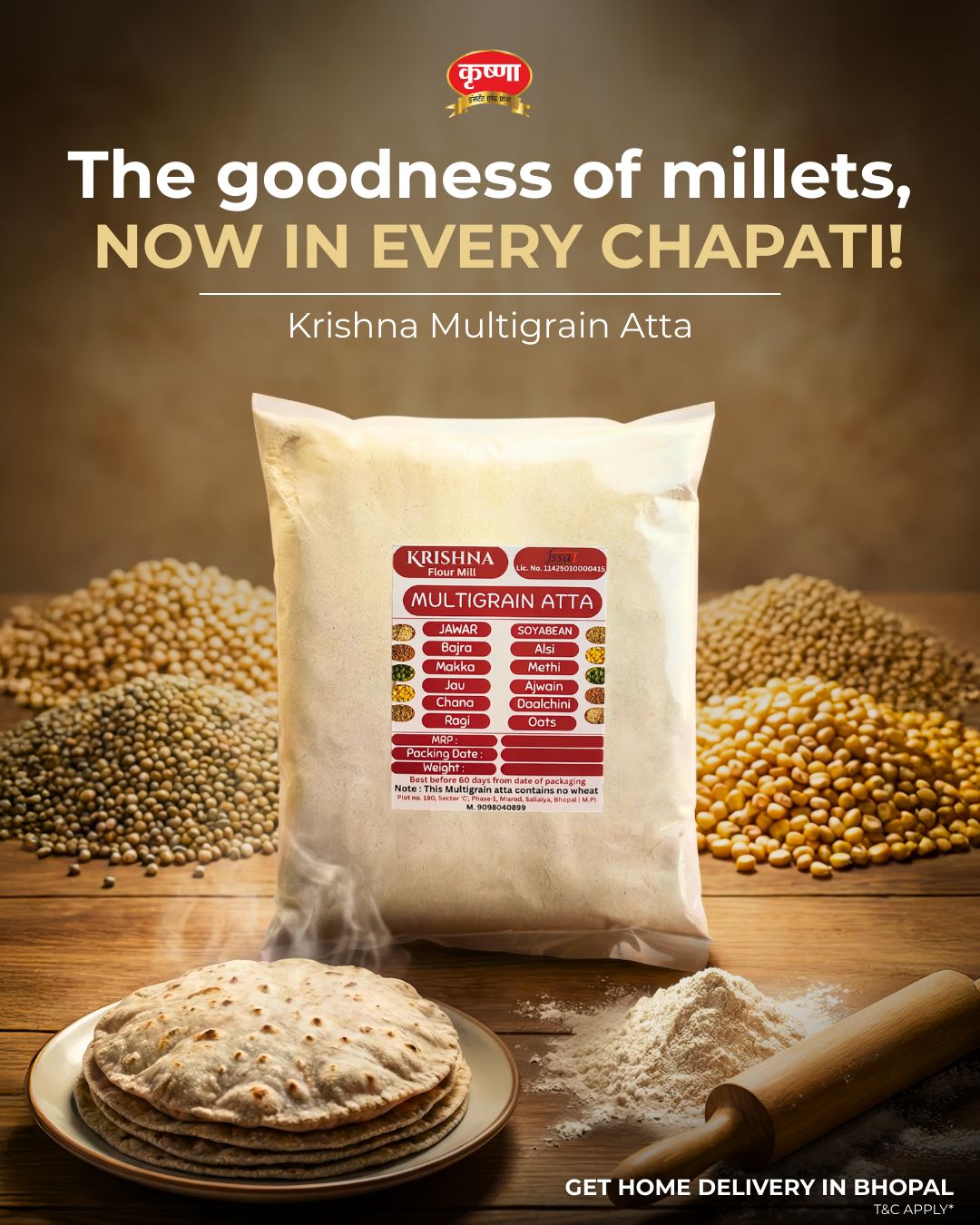 Krishna Multigrain Atta pack with millets and chapatis